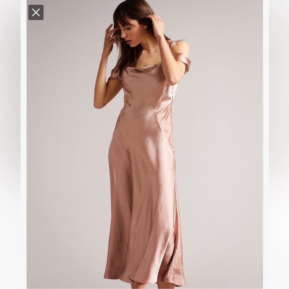 Ted Baker Esta Cold Shoulder Cowl Front Midi Slip Dress in Dusty Pink - Picture 2 of 11
